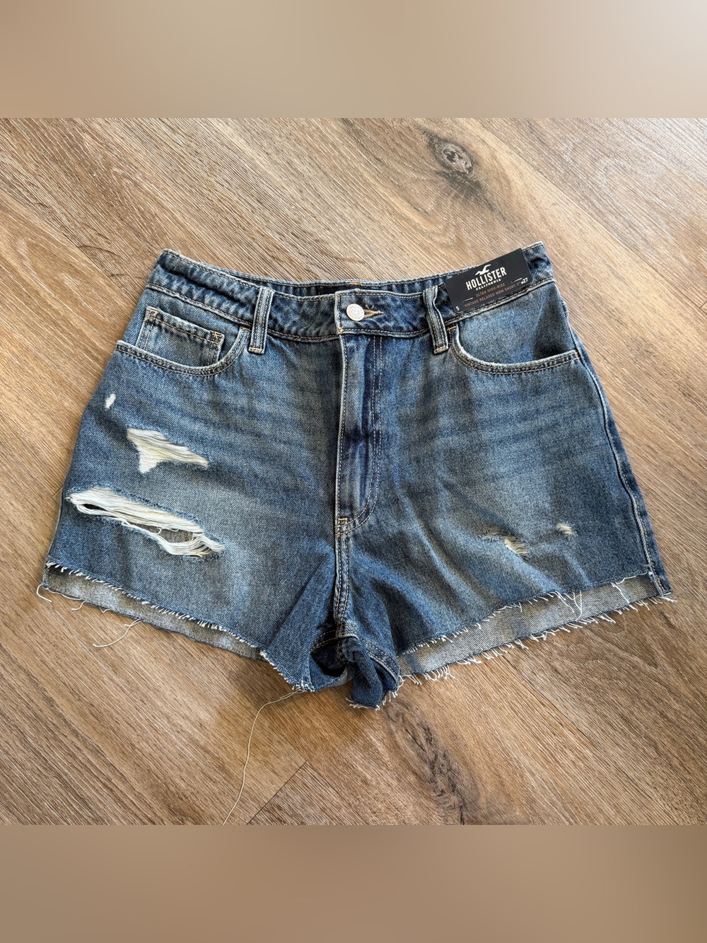 Hollister Women's Distressed Denim Shorts - Dark Blue